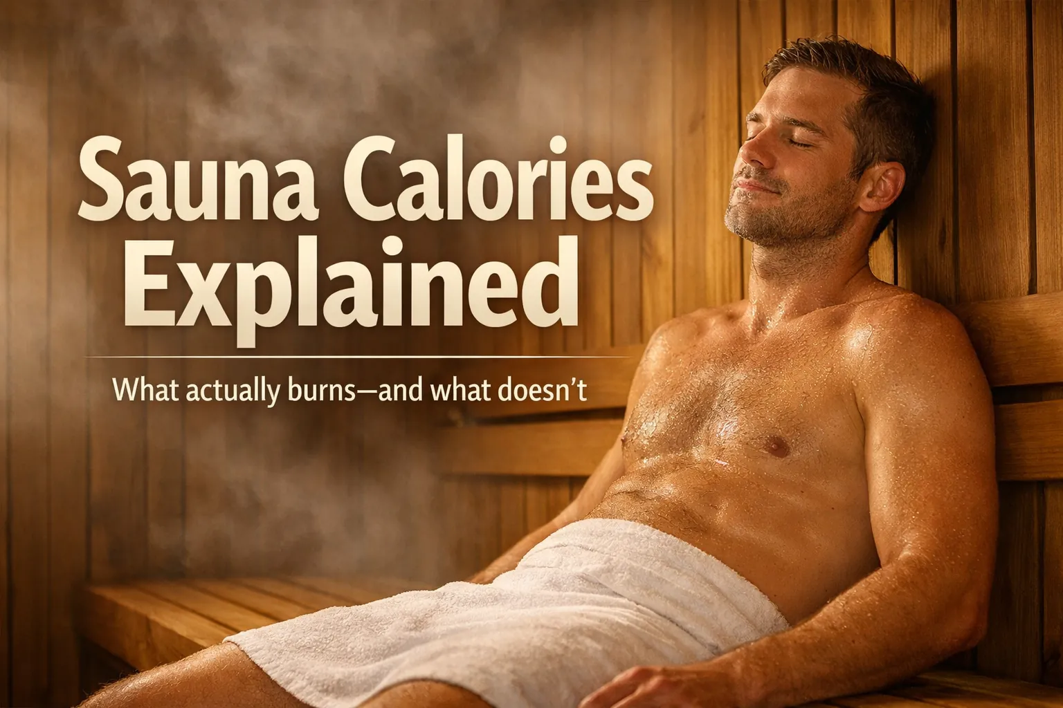 Person sitting calmly inside a warm sauna with text reading “Sauna Calories Explained.”
