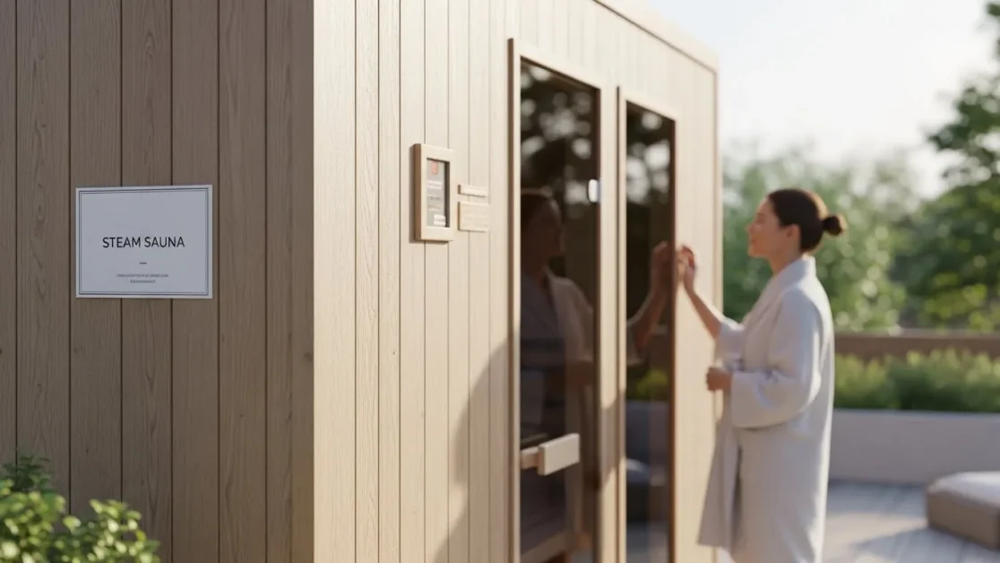 Optimal Sauna Temperature: Why Hotter Isn’t Always Better 4 Person standing outside an outdoor steam sauna with a door sign reading “Steam Sauna” in daylight.