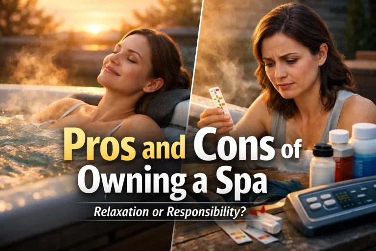 Woman relaxing in a backyard spa at sunset with visible spa controls and maintenance items, featuring the title “Pros and Cons of Owning a Spa” and the subtitle “Relaxation or Responsibility?”