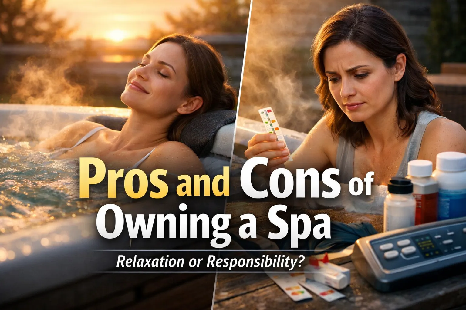 Woman relaxing in a backyard spa at sunset with visible spa controls and maintenance items, featuring the title “Pros and Cons of Owning a Spa” and the subtitle “Relaxation or Responsibility?”