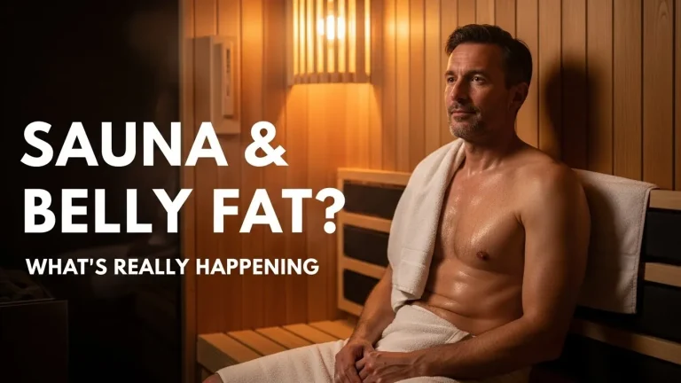 Man relaxing in a wooden sauna with text asking if sauna burns belly fat.