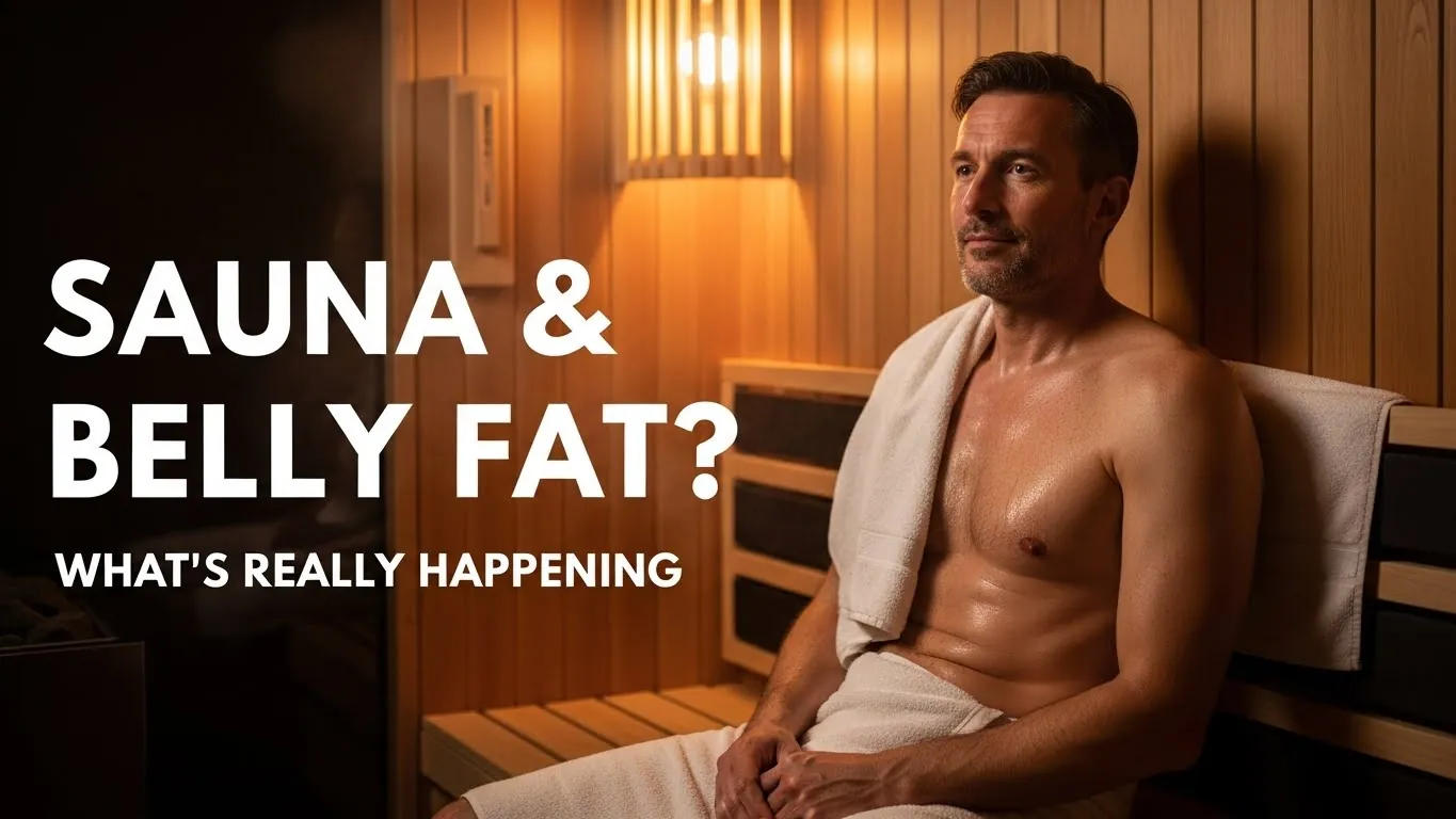 Man relaxing in a wooden sauna with text asking if sauna burns belly fat.