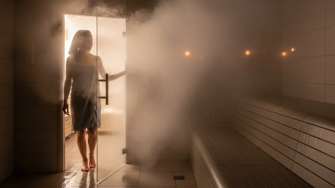 Optimal Sauna Temperature: Why Hotter Isn’t Always Better 5 Person entering a steam sauna room filled with warm mist and high humidity for a relaxing session.