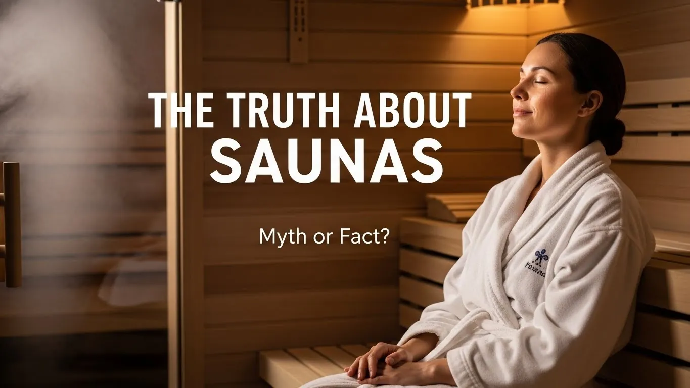 Woman relaxing near a sauna with text about period timing myths.
