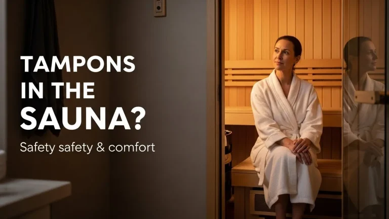 Woman seated near a sauna entrance with text asking if tampons are safe in a sauna.