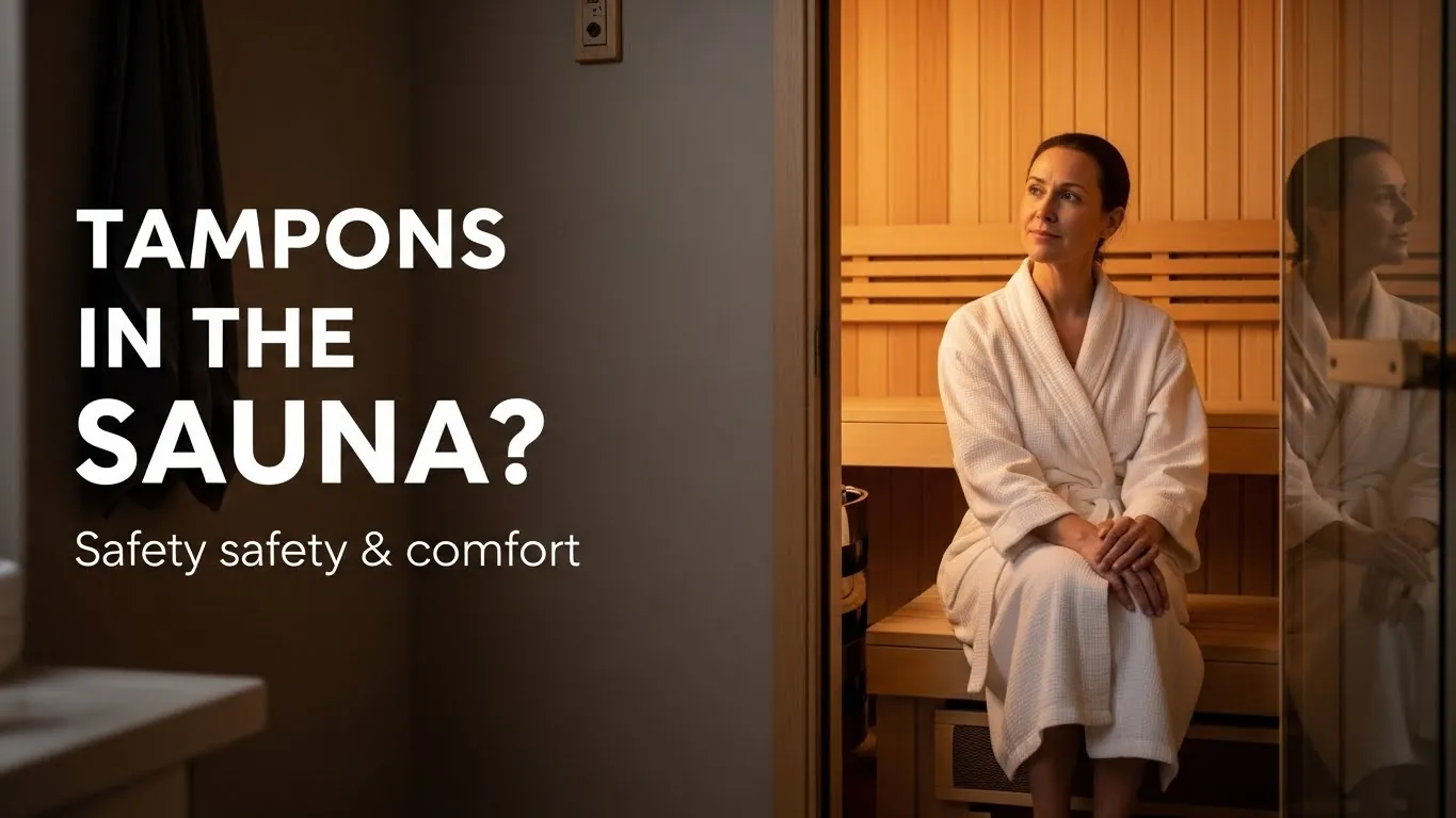 Woman seated near a sauna entrance with text asking if tampons are safe in a sauna.