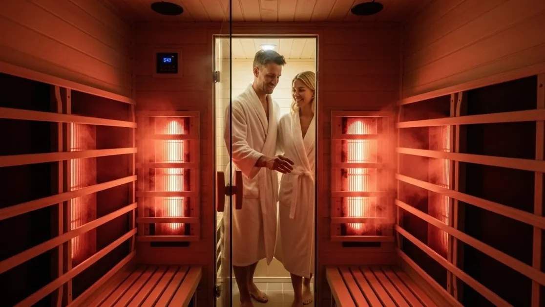 Infrared Saunas: Why This Gentle Heat Feels So Powerful 3 a couple going in a infrared sauna wearing robe.