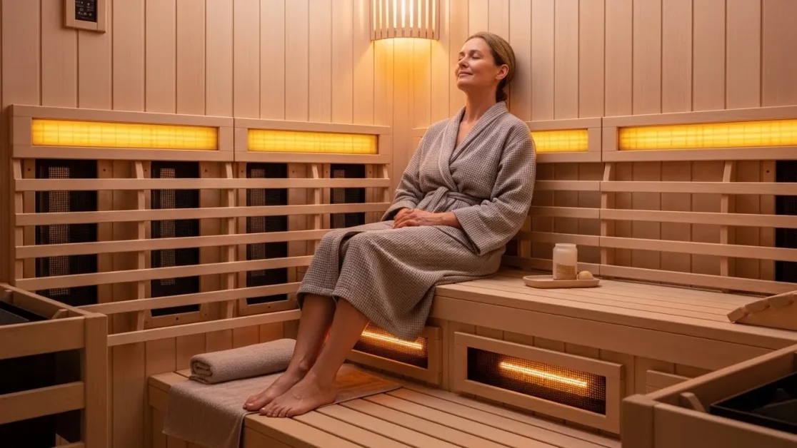 Infrared Saunas: Why This Gentle Heat Feels So Powerful 5 Relaxed adult sitting inside a modern infrared sauna with warm amber panels and a calm, spa-like atmosphere.
