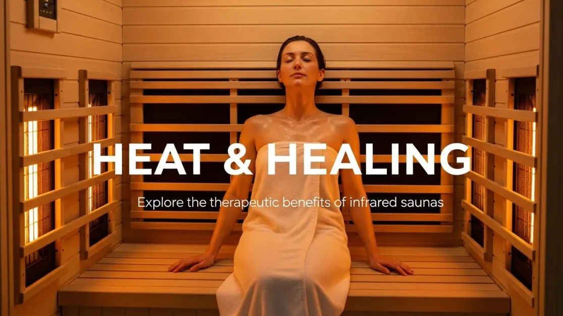 Infrared Sauna Benefits That Go Deeper Than Just Sweating 4 Person relaxing inside a modern infrared sauna with warm lighting and title text about infrared sauna benefits.