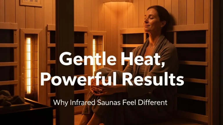 Thumbnail showing a relaxed person inside a modern infrared sauna with glowing amber panels and bold text reading “Gentle Heat, Powerful Results.”