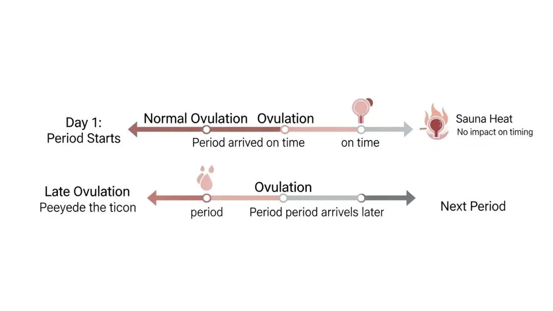 Diagram showing that late ovulation causes a late period, while sauna heat does not affect menstrual timing.