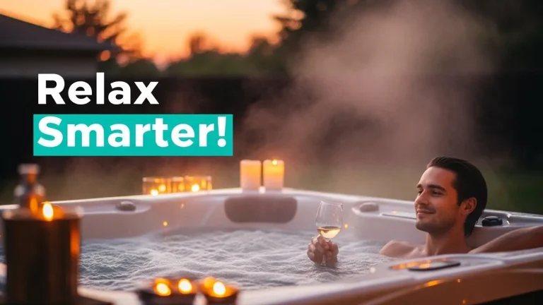 Person relaxing in a glowing hot tub at night with soft lighting and steam, creating a calm and rejuvenating spa-like atmosphere