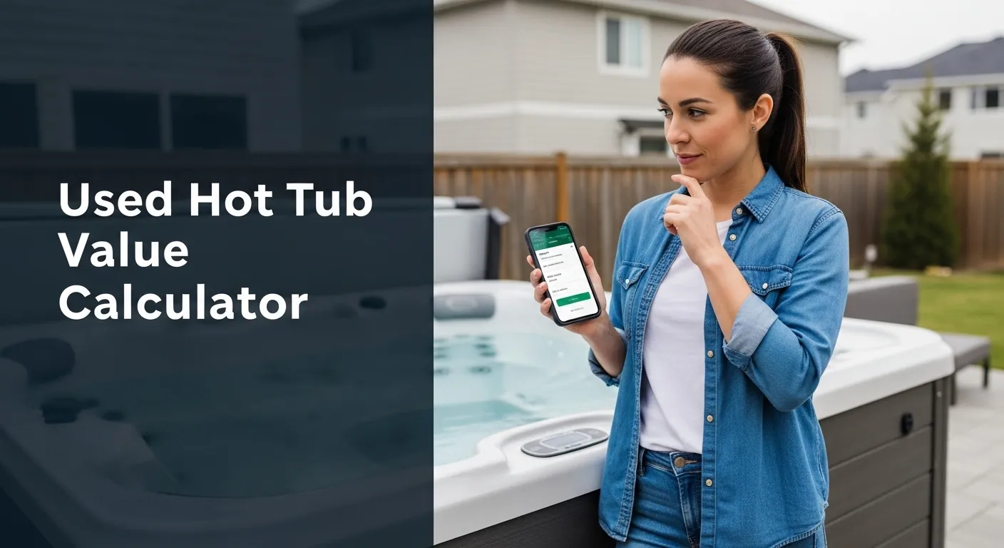 Used Hot Tub Value Calculator 1 Homeowner standing beside a backyard hot tub while checking a used hot tub value calculator on a smartphone