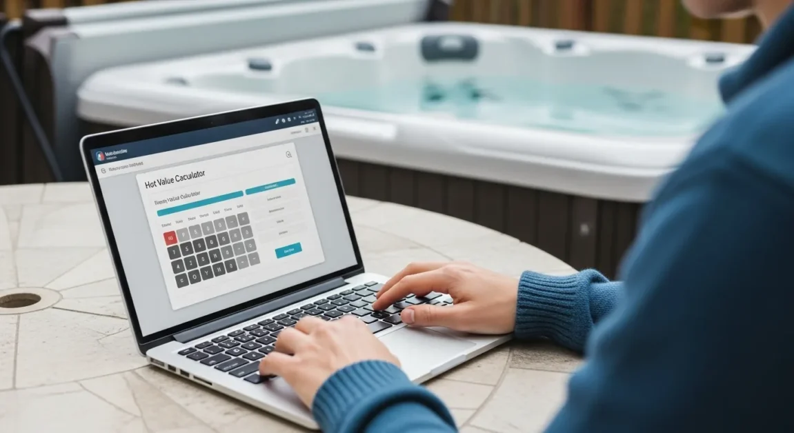 Used Hot Tub Value Calculator 2 Person using a laptop to calculate used hot tub resale value on an outdoor patio near a hot tub