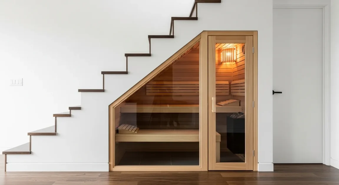 Small indoor sauna built under a staircase with wooden interior and glass door.