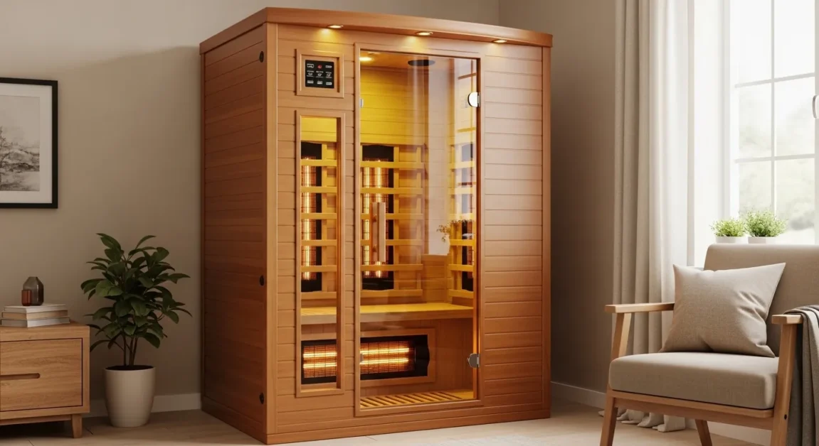 Wooden infrared sauna placed inside a living room with warm lighting and home furniture.