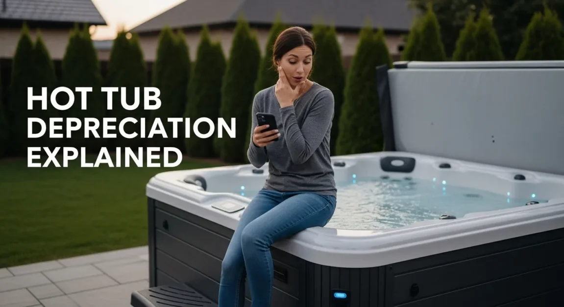Hot Tub Depreciation Explained, How Fast They Lose Value and Why 2 Homeowner sitting beside a backyard hot tub while checking resale value, illustrating hot tub depreciation.