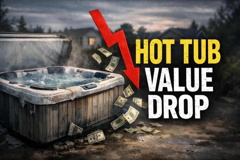 Worn outdoor hot tub with a red downward arrow and falling dollar bills, illustrating rapid loss of value.