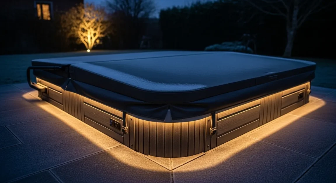 Insulated hot tub cover preventing heat loss during cold winter weather