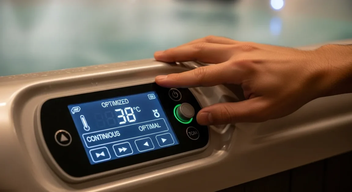 Hot tub control panel showing optimized temperature and filtration settings