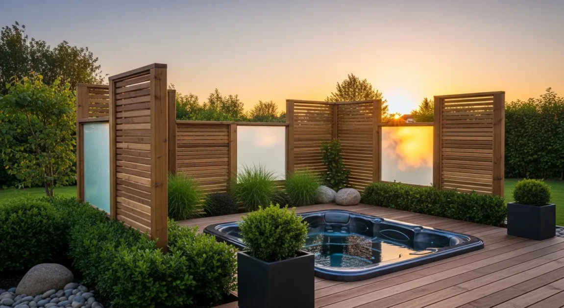 Backyard hot tub protected by fencing and landscaping from wind exposure