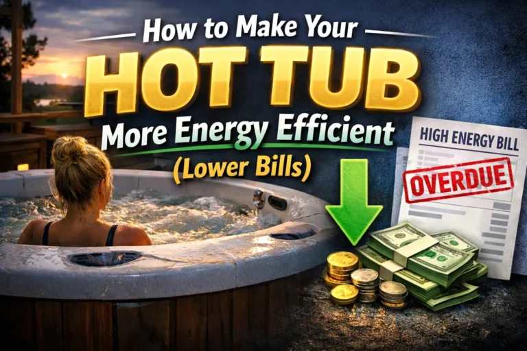 Woman relaxing in a hot tub at sunset beside an overdue energy bill and cash, illustrating hot tub energy savings.