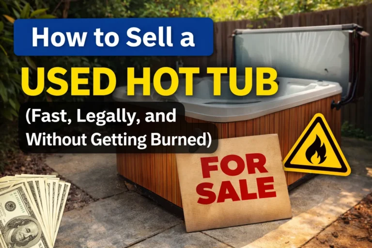Used hot tub with a “For Sale” sign and warning icon, illustrating how to sell a hot tub safely and quickly.