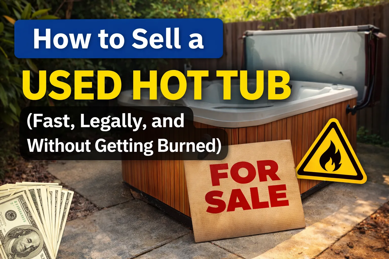 Used hot tub with a “For Sale” sign and warning icon, illustrating how to sell a hot tub safely and quickly.