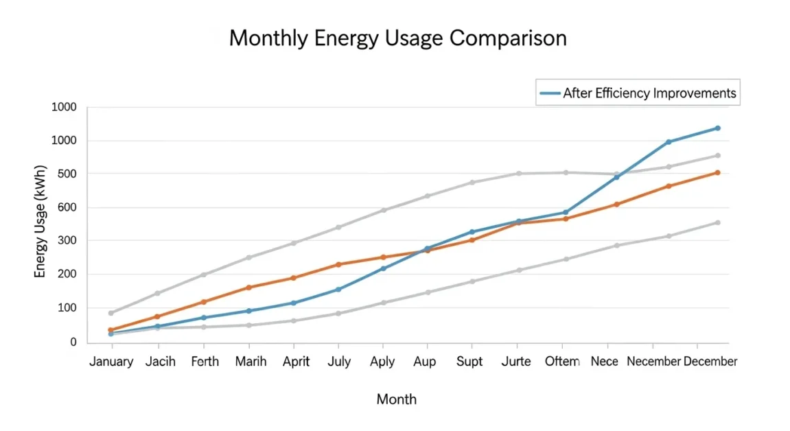 A simple line chart comparing monthly energy usage before and after efficiency improvements.