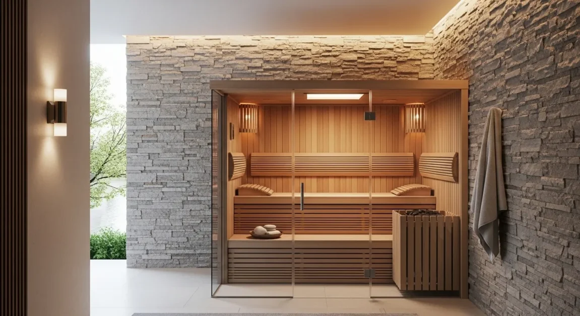 Modern indoor sauna with glass enclosure, stone wall backdrop, and natural spa style setting.