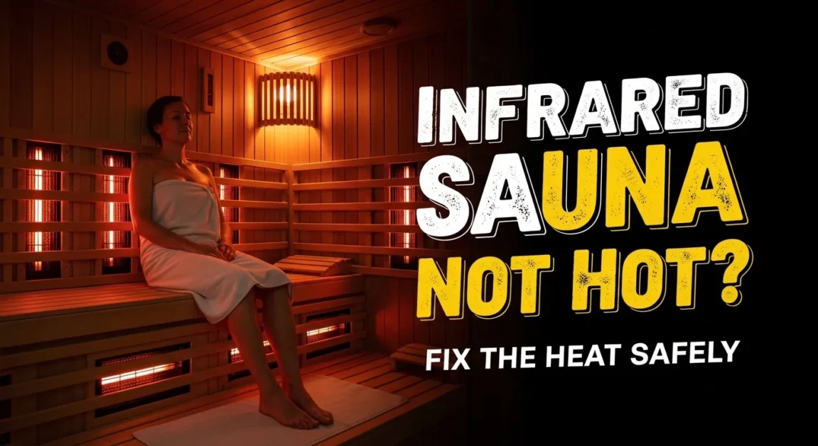 Person sitting inside a home infrared sauna near glowing heater panels with the title “Infrared Sauna Not Hot?”
