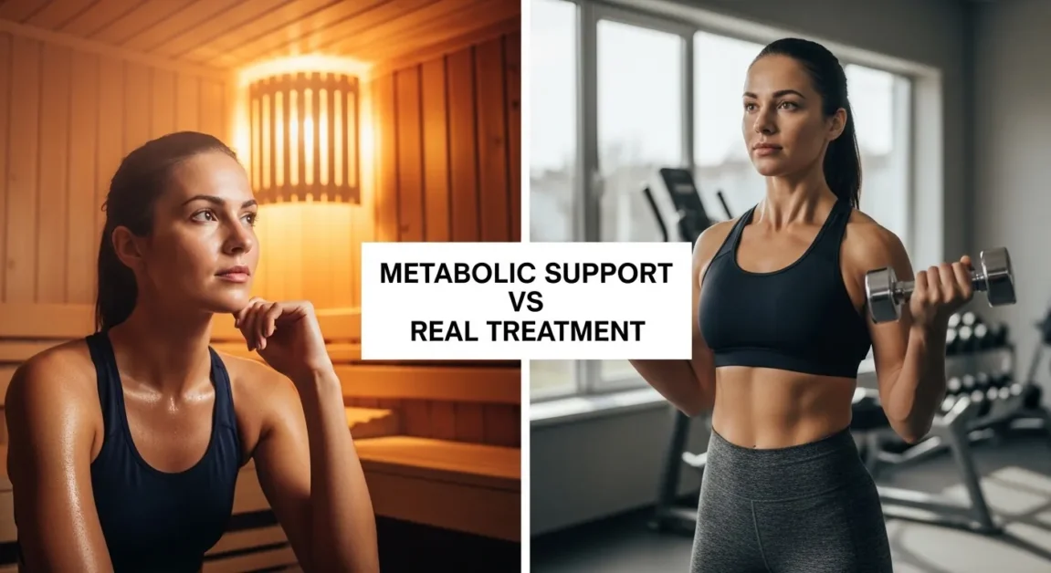 Split image of woman using sauna on one side and lifting weights on the other.