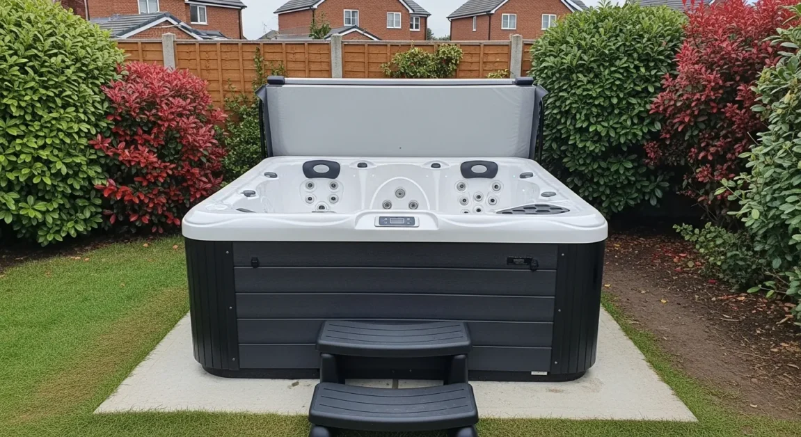 Used modern hot tub with white interior and black cabinet installed outdoors in a fenced backyard with steps and open cover.