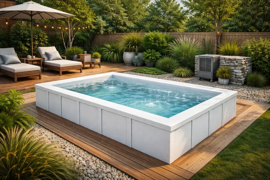 Modern prefab plunge pool installed above ground on a wooden deck in a landscaped backyard with seating and greenery.
