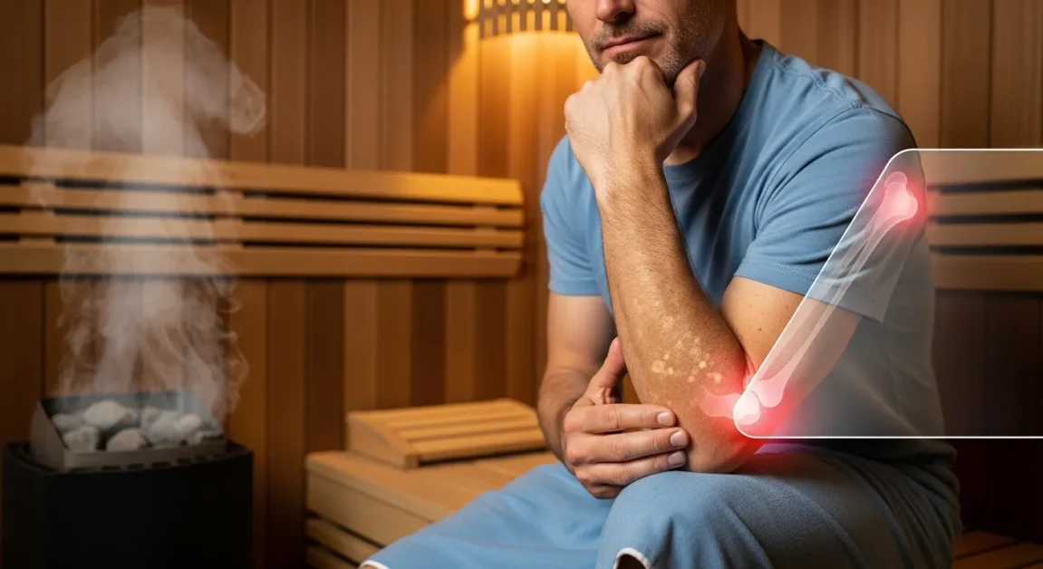 Man sitting in a wooden sauna with visible dry skin patches and a medical overlay showing inflamed joints.