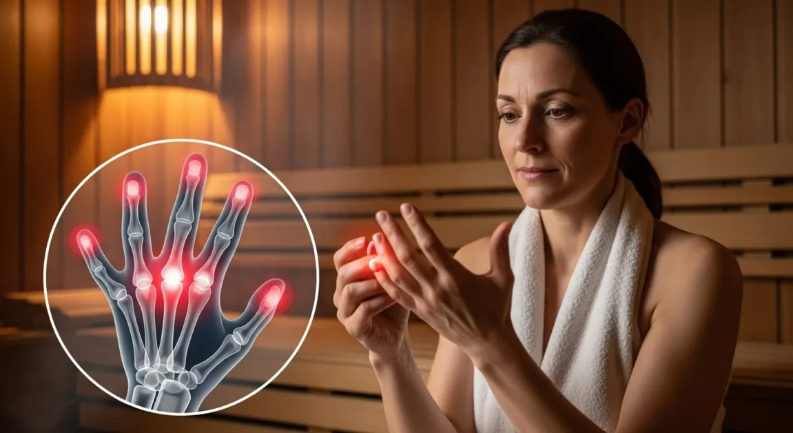 Woman sitting in a wooden sauna looking at swollen fingers, with a medical overlay showing inflamed joints.