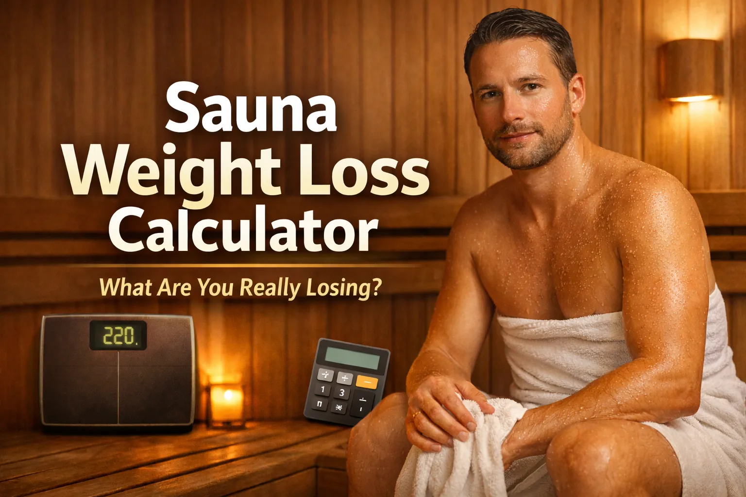 A man in sauna room with text on screen.