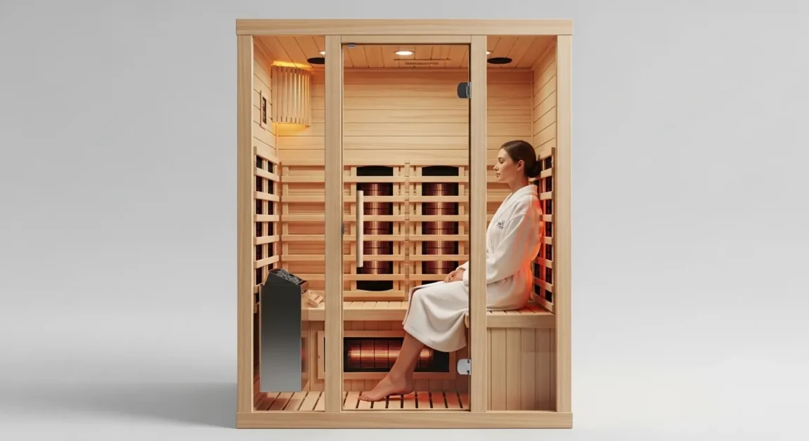 Single person infrared sauna with glass door showing a woman seated inside wearing a white robe.