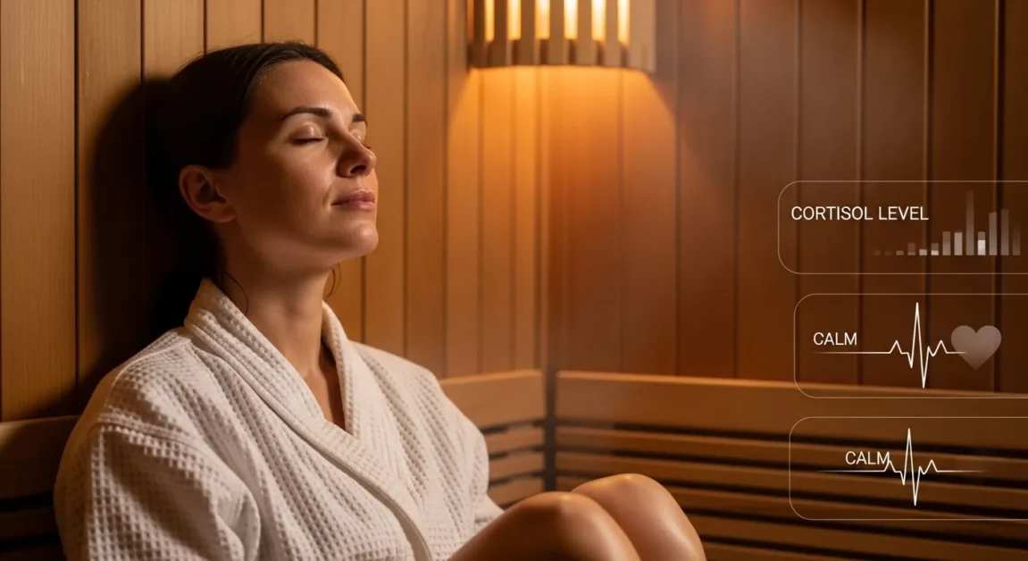 Woman relaxing in a wooden sauna with subtle hormone and stress graphics overlayed.
