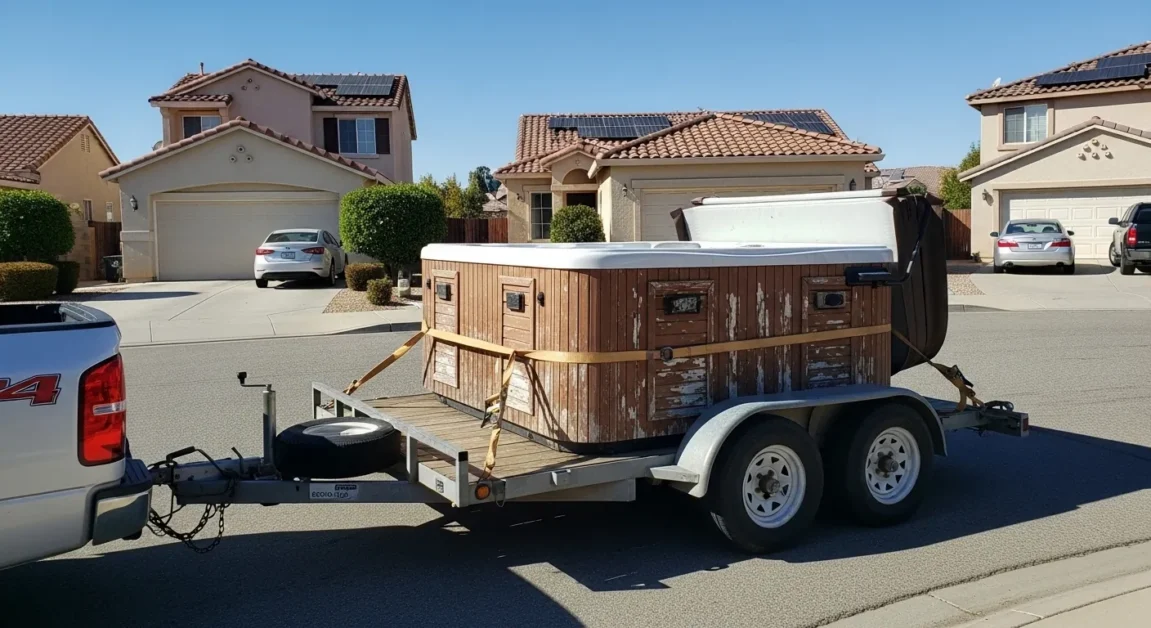 Used hot tub strapped to a utility trailer being hauled through a suburban neighborhood.