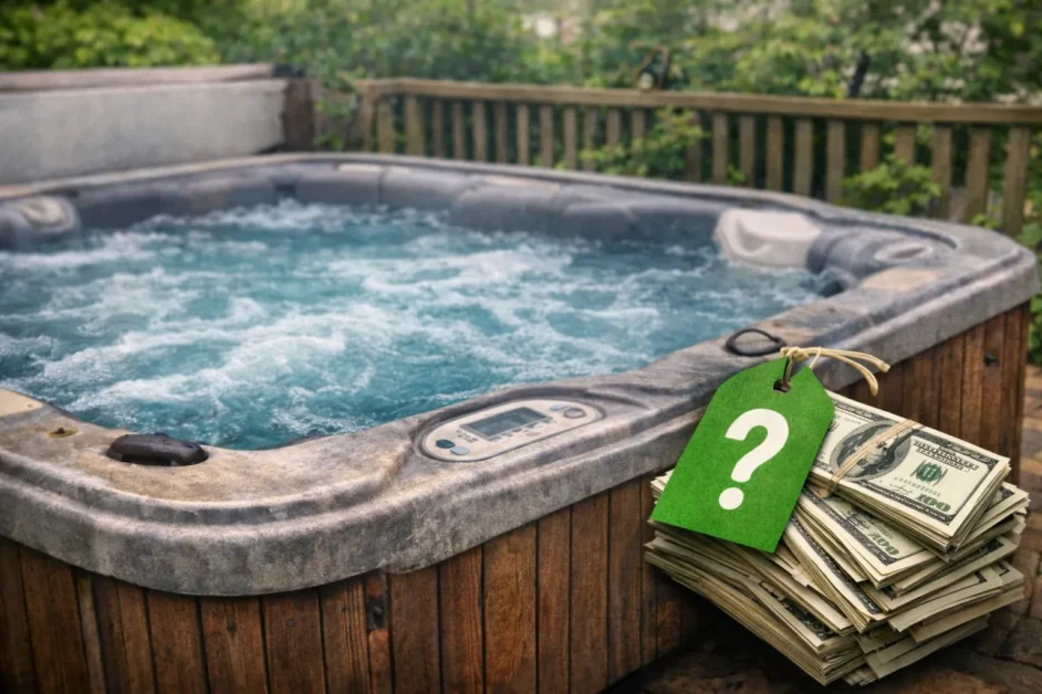 Used hot tub with price tag showing how much it is worth