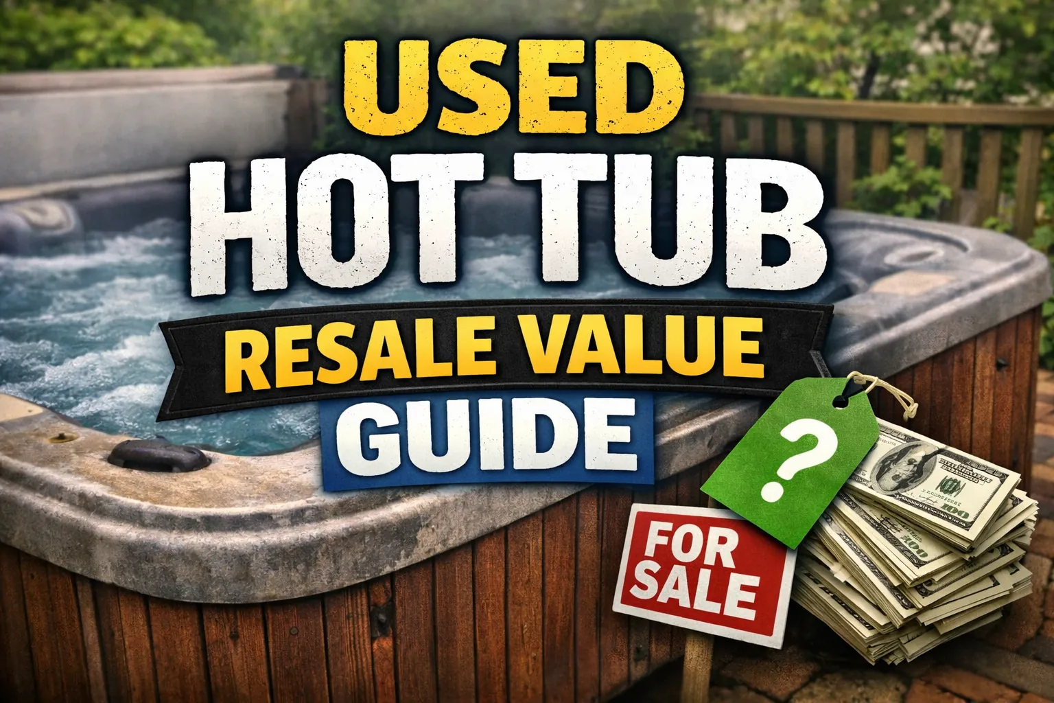 Used hot tub with for sale sign showing resale value concept
