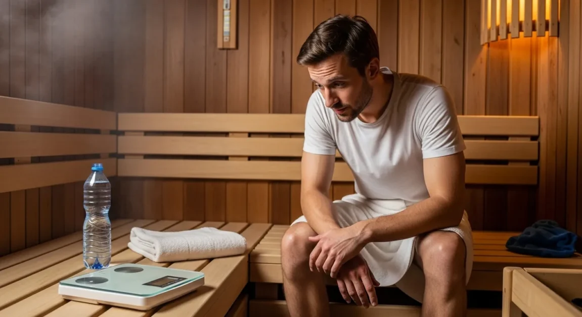 Man sitting in a sauna looking at a digital scale, illustrating the difference between temporary sweat loss and real fat loss.