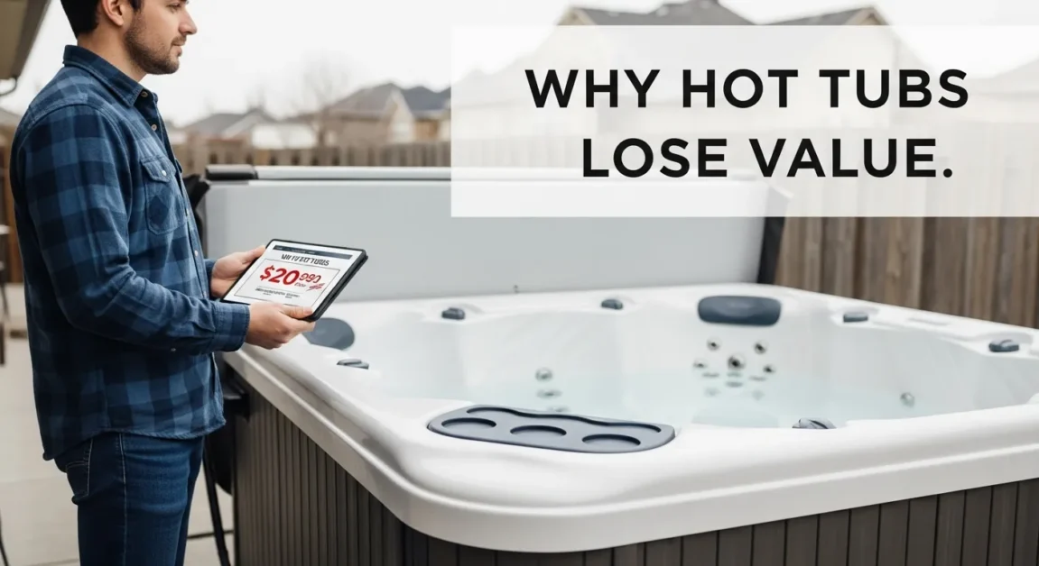 Hot Tub Depreciation Explained, How Fast They Lose Value and Why 4 Homeowner reviewing hot tub resale price next to a used spa on a patio.
