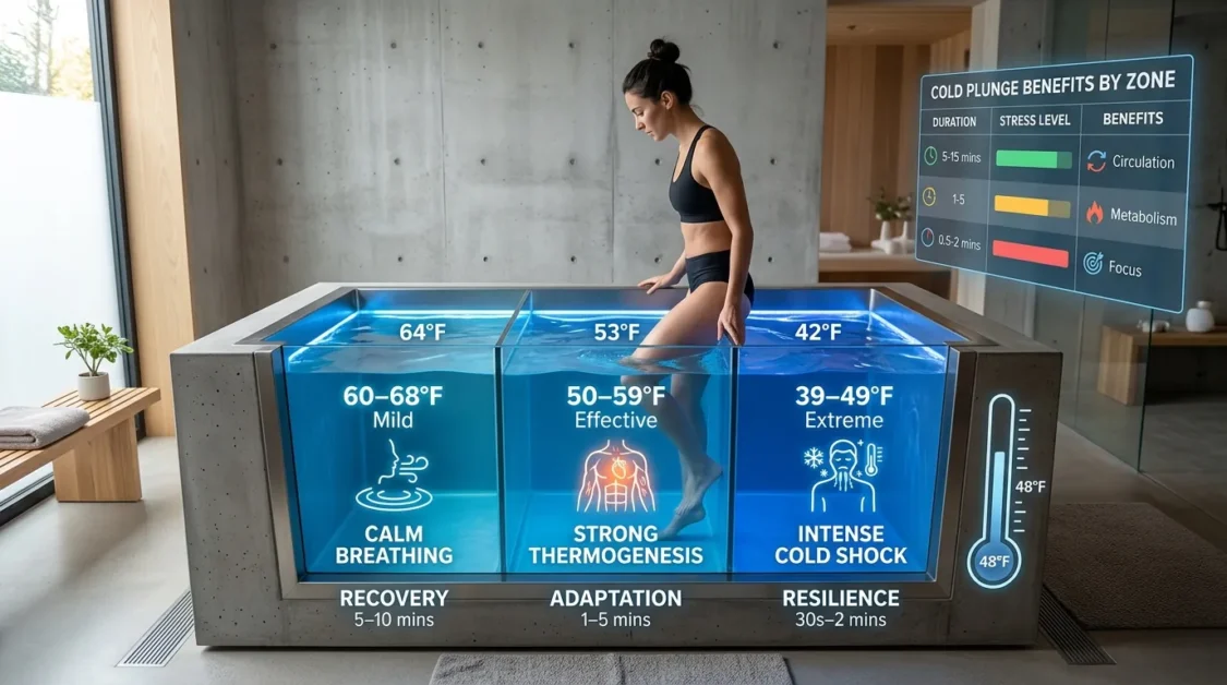Cold plunge tub divided into three labeled temperature zones with thermometer graphic.