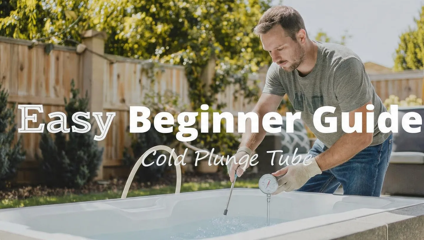 How to Set Up a Cold Plunge Pool at Home (Beginner Guide) 1 Homeowner setting up a cold plunge pool on a backyard patio with text overlay about beginner setup guide