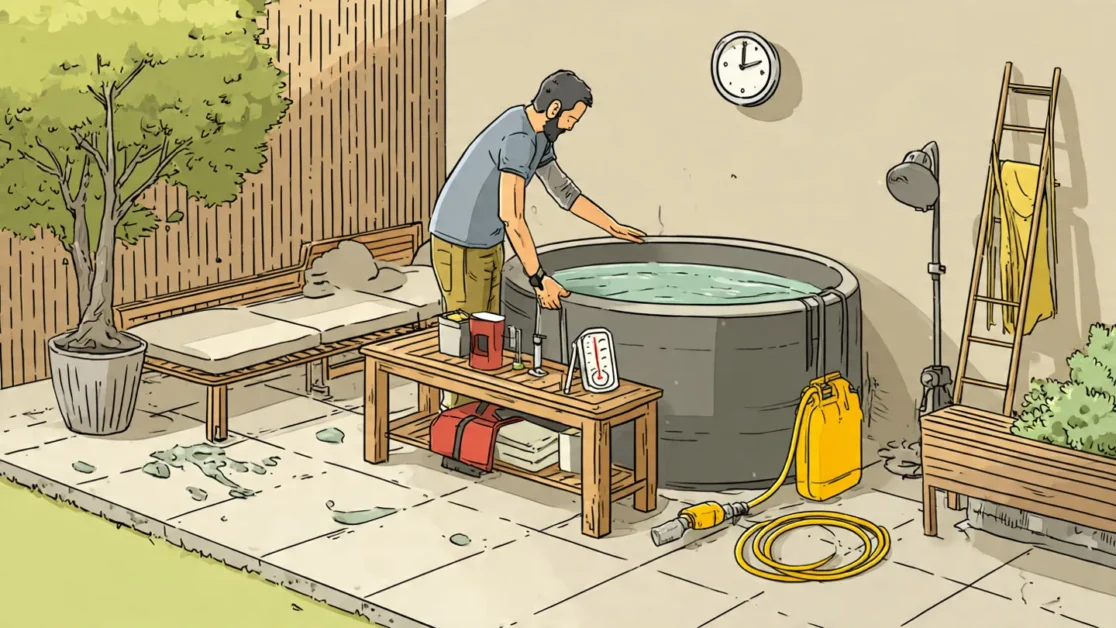 How to Set Up a Cold Plunge Pool at Home (Beginner Guide) 2 A homeowner setting up a cold plunge tub on a backyard patio with a hose, thermometer, and simple equipment in view.