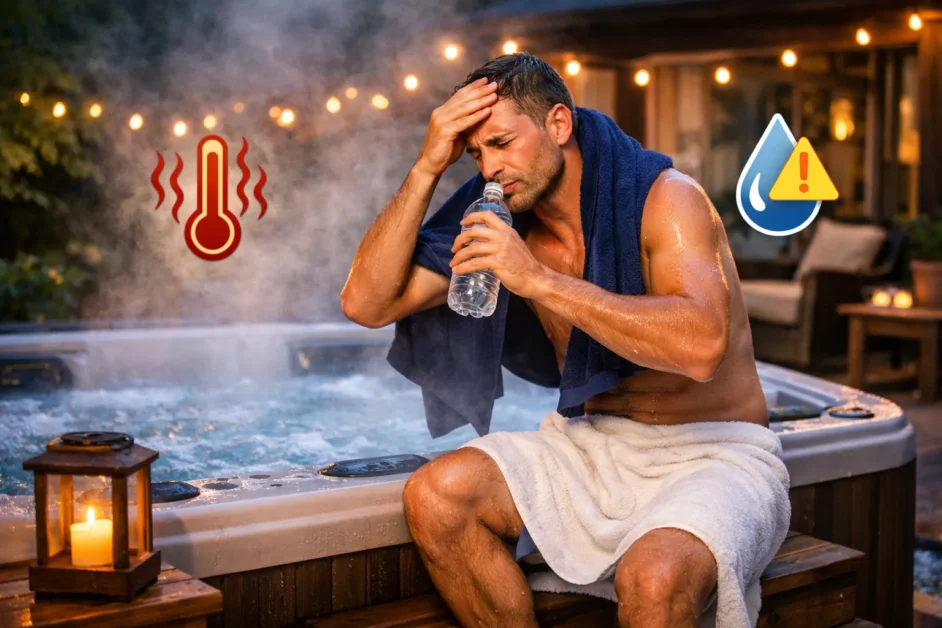 Negative Effects of Hot Tubs: 11 Health Risks You Should Know 3 Man stepping out of a backyard hot tub looking dizzy while cooling down after feeling sick.