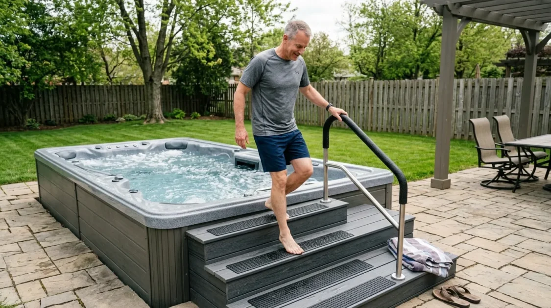A man with her swim spa at home.