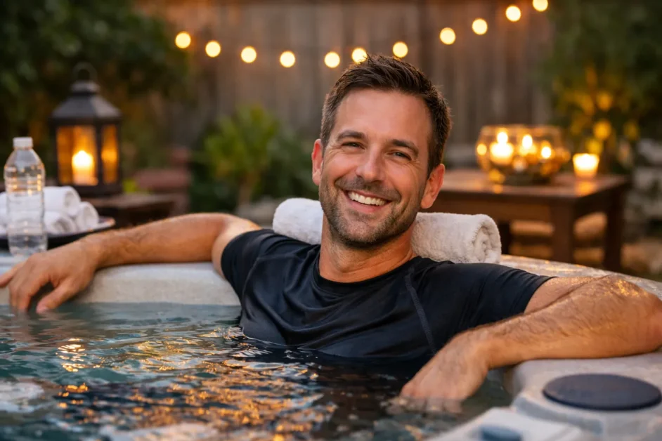 Negative Effects of Hot Tubs: 11 Health Risks You Should Know 4 Smiling man relaxing safely in a backyard hot tub with warm lighting and calm water.